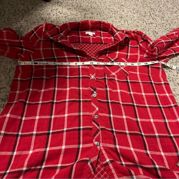 J. Jill Red Button Down Multi-Plaid Double-Cloth Long Tunic Size Medium Petite - Picture 7 of 9